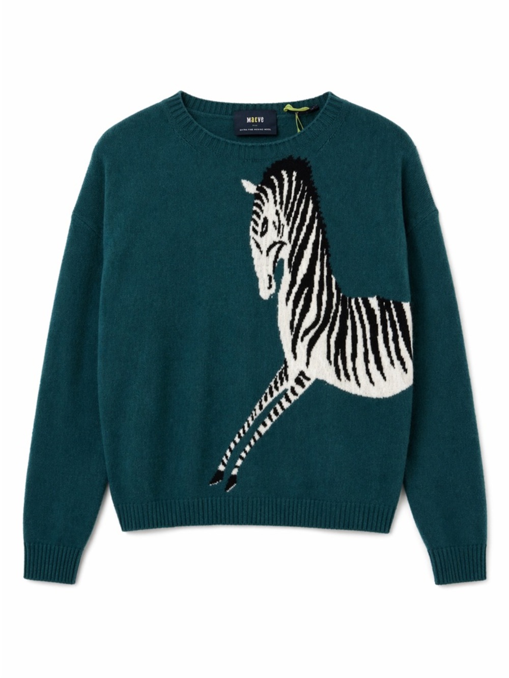 Maeve Teal Crewneck Sweater with Zebra Intarsia